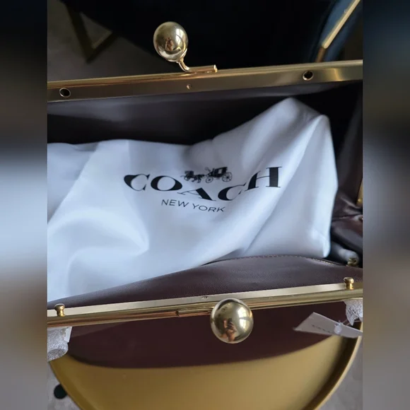 COACH Large Oversized Kisslock Frame Shoulder Bag Clutch Bag Brown - Picture 9 of 11